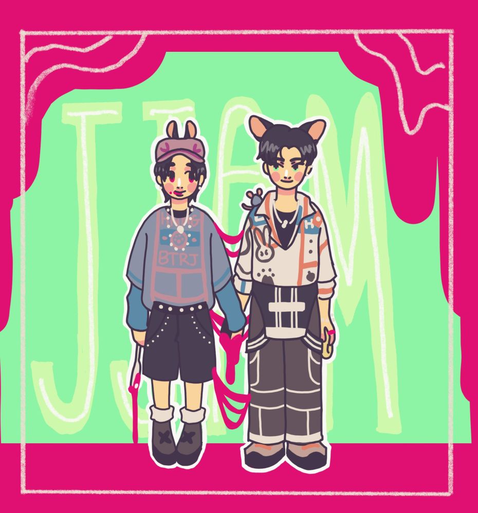 Jjam Han and Lee Know holding hands, connected by sticky red jam.