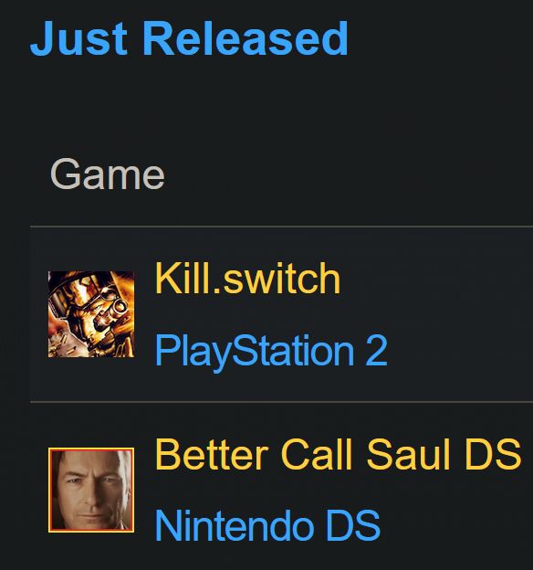 The "Just Released" list on Retro Achievements showing Better Call Saul for the Nintendo DS