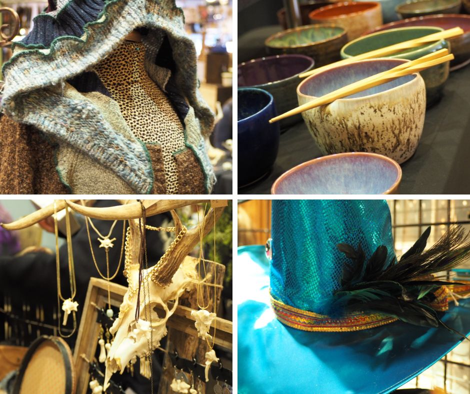 Four photo collage of a knitted, hooded cardigan that is multicolored and fit for a romp into the woods to collect herbs. The photo to the right of this contains various glazed pottery bowls, some brightly colored blues, greens and mottled whites. The photo on the bottom left contains beautiful taxidermy deer skull. It's antlers are draped with necklaces made of small mammal vertebrae strung along golden chains. The photo on the bottom right shows another vendor's display of a shiny teal hat that is wrapped with a golden brow band and iridescent feathers. 