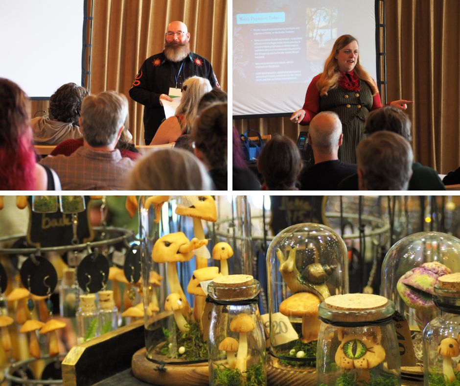 Photo grid of three photos, first photo on the top shows Ivo Dominguez talking about An Overview of the Magickal Persona, and the photo to the right of it shows Mhara Starling presenting on Welsh Witchcraft and Folk Magic. The bottom photo shows one of the vendor booths displaying oddities and mushroom creatures in display cases. 
