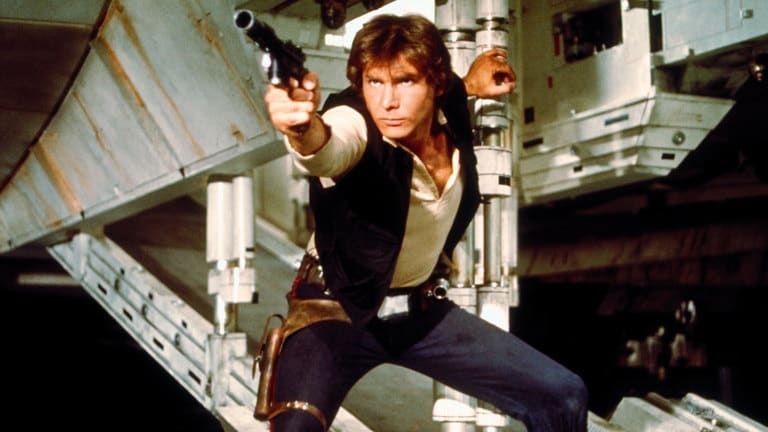 Han Solo from Star Wars pointing his blaster at an unseen assailant. Behind him is the ramp to the Millennium Falcon