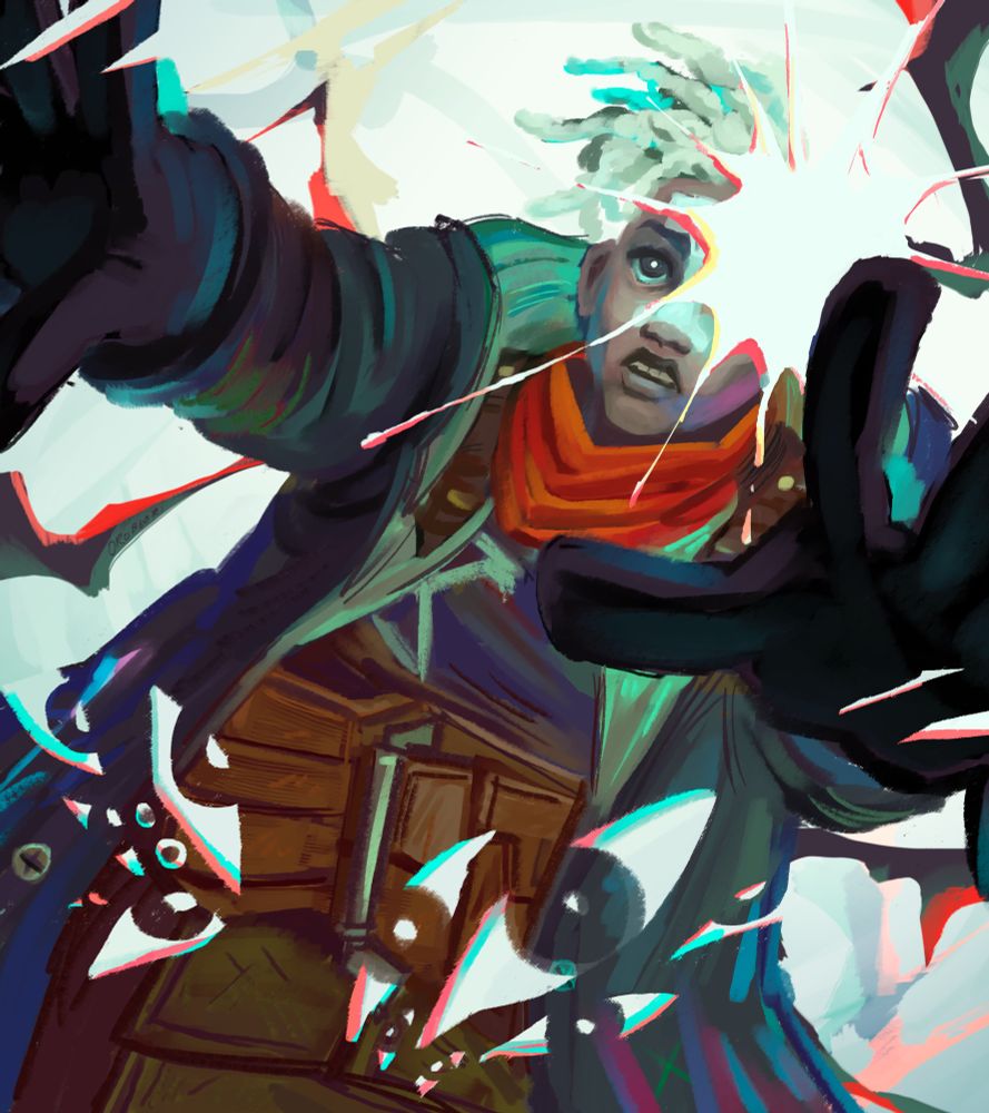 Character Ekko from the Arcane Show on Netflix, surrounded with surreal imagery with bright colors, eyes scattered around his figure, as his arms are outstretched. His face with an uncertain and almost fearful expression.