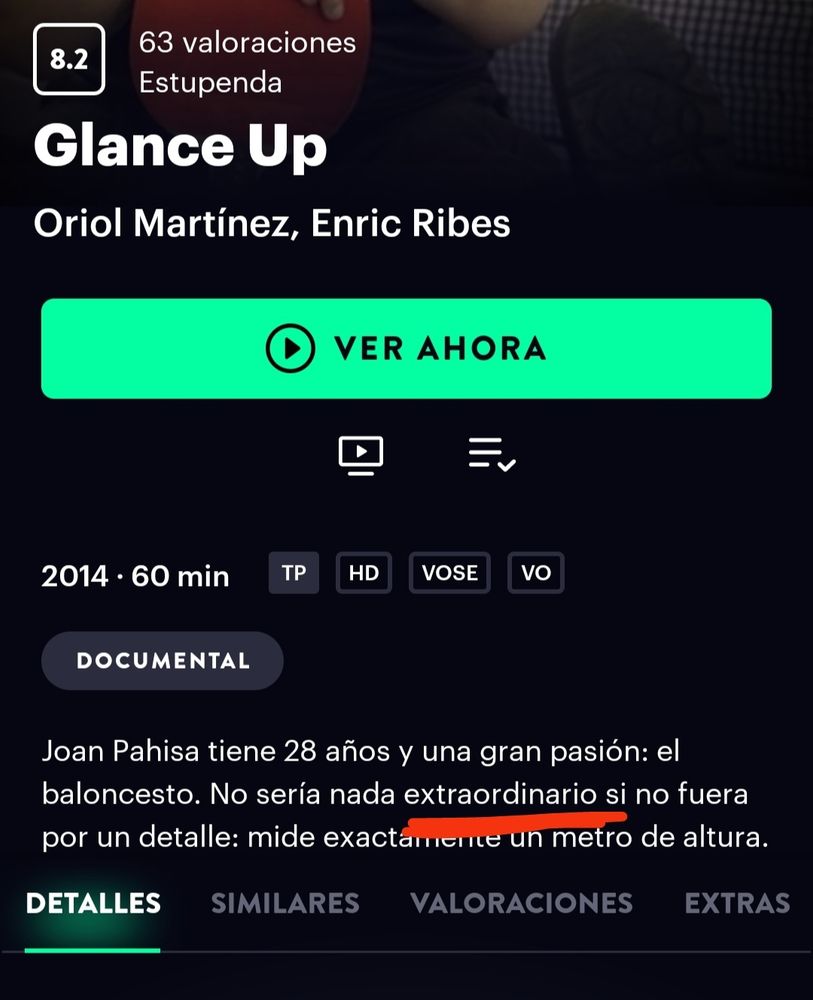 Sinopsis de «Glance Up» de Oriol Martínez y Enric Ribes: Joan Pahisa tiene 28 años y una gran pasión: el baloncesto. No sería nada extraordinario si no fuera por un detalle: mide un metro de altura.