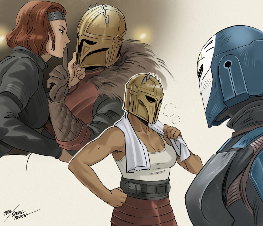 The Armorer and Bo-Katan being flirty / The Armorer in a tank top and a towel around her neck, with helmet on. Bo-Katan looking at her and blushing through helmet 