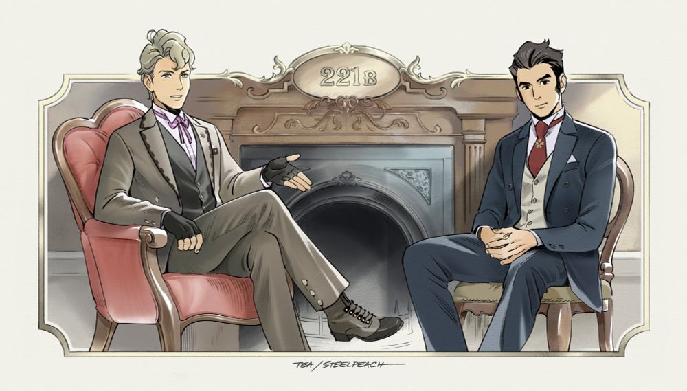 Watercolor-style illustration of Herlock Sholmes and Yujin Mikotoba from The Great Ace Attorney in their younger years, sitting in chairs in front of a fireplace and looking at the viewer. The illustration has a decorative gold frame with a 221b plaque on top
