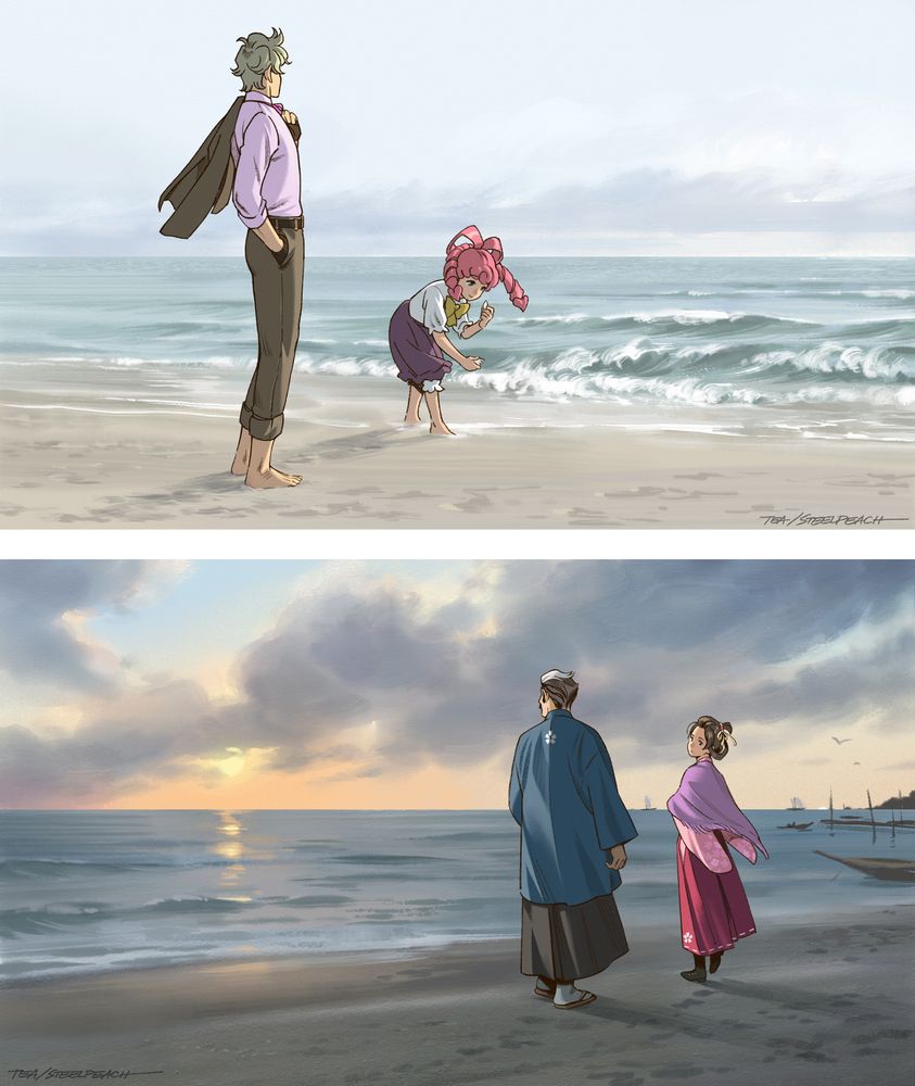 Two paintings. [England] Daytime seashore scenery, slightly cloudy in the distance. Herlock is looking over the horizon (his face can't be seen), near him Iris is looking for seashells in the water. [Japan] Evening seashore scenery, somewhat cloudy. Mikotoba is looking over the horizon (also facing away from the viewer), Susato walks next to him and looks towards him, slightly curious.