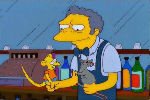 Moe Sizlak holding dear beloved rat boy and ratlinger