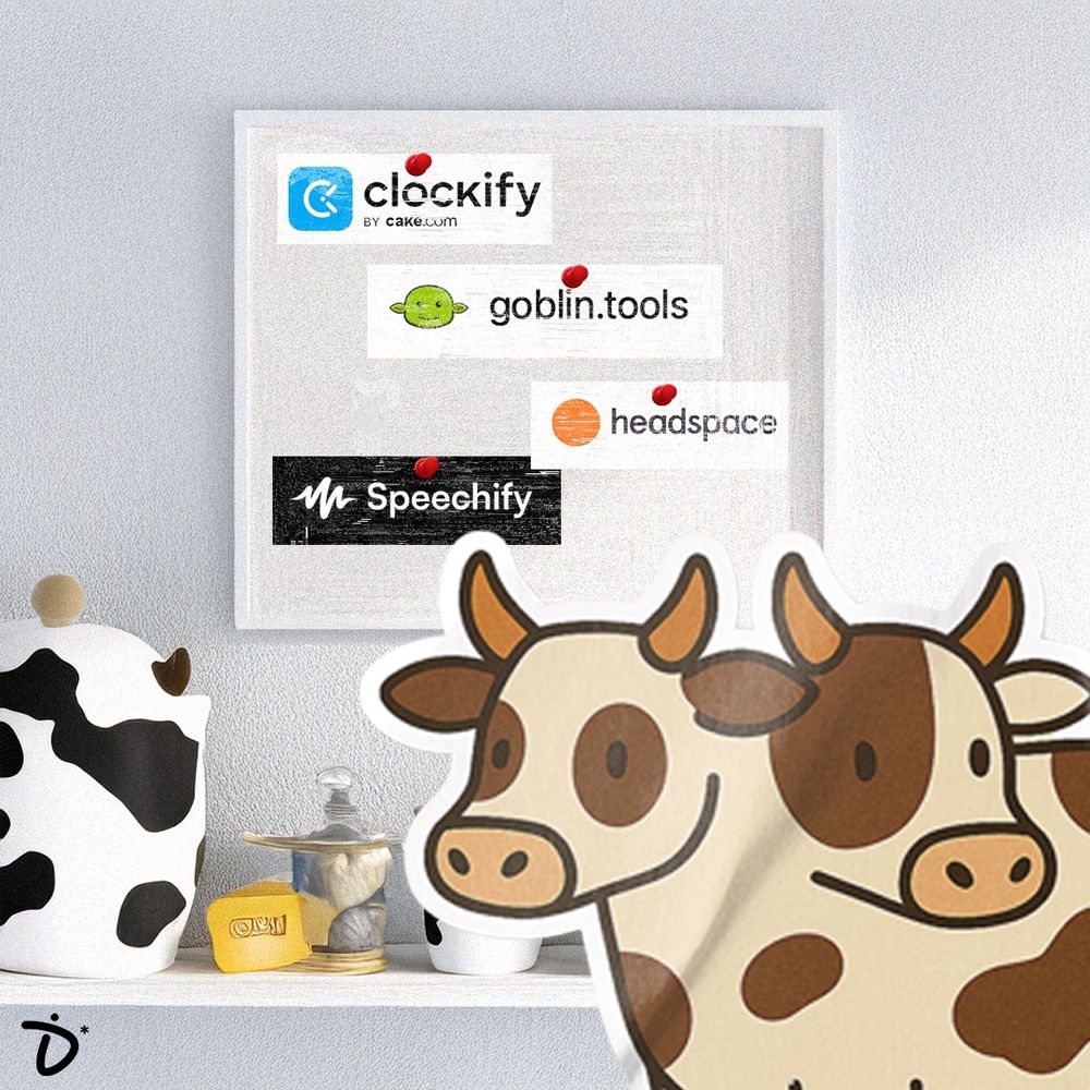 CowCow, a tan and brown two-headed cow, stands in front of a white tackboard on a white wall. There’s a shelf in front of it with cow-themed items, including a black and white cookie jar, cheese wedge, and a clear cookie jar. (CowCow likes their cookies, okay?) On CowCow’s tackboard, there are three images. Clockify’s logo is in the top left corner of the tackboard. It is a blue square with rounded edges and a white cutout of a clock in the middle. Clockify by CAKE.com is written in black next to it. goblin.tools’ logo is next, a green goblin head with a small smile and goblin.tools written next to it. Headspace is is next, an orange circle with the word Headspace written in black next to it. Finally, there is Speechify’s logo, a black rectangle with a white soundwave and the word Speechify next to it. In the bottom left corner, the ID logo (a combined I and D; the I is the straight part of the D) with an asterisk after it.