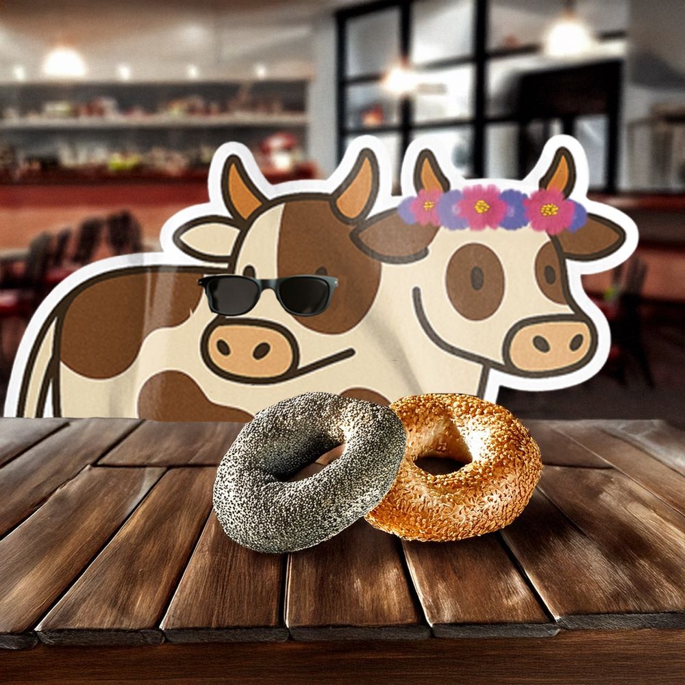 A tan and brown two-headed cow stands behind a wooden plank table in a warmly-lit cafe. The left head wears sunglasses with no wings (and, no, we still don’t know how they stay so perfectly on their nose); the right head wears a pink and purple flower crown. On the table in front of them are two everything bagels, one gray and one brown. Out of focus in the background are shelves with unclear goods and what appears to be a window dividing the seating space from the shop entrance. Bulb lights dangle behind them too, also out of focus, but they don’t seem to hang from anything, and the backs of the chairs don’t seem to connect to the seats—almost like the background was created by an alien…or an AI… 