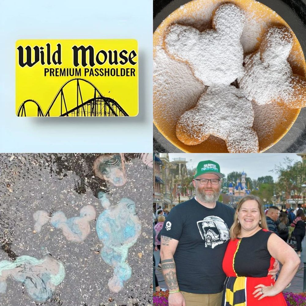 Collage of four images: a yellow "Wild Mouse Premium Passholder" card, Mickey-shaped beignets, a couple at a theme park, and colorful stains on pavement.