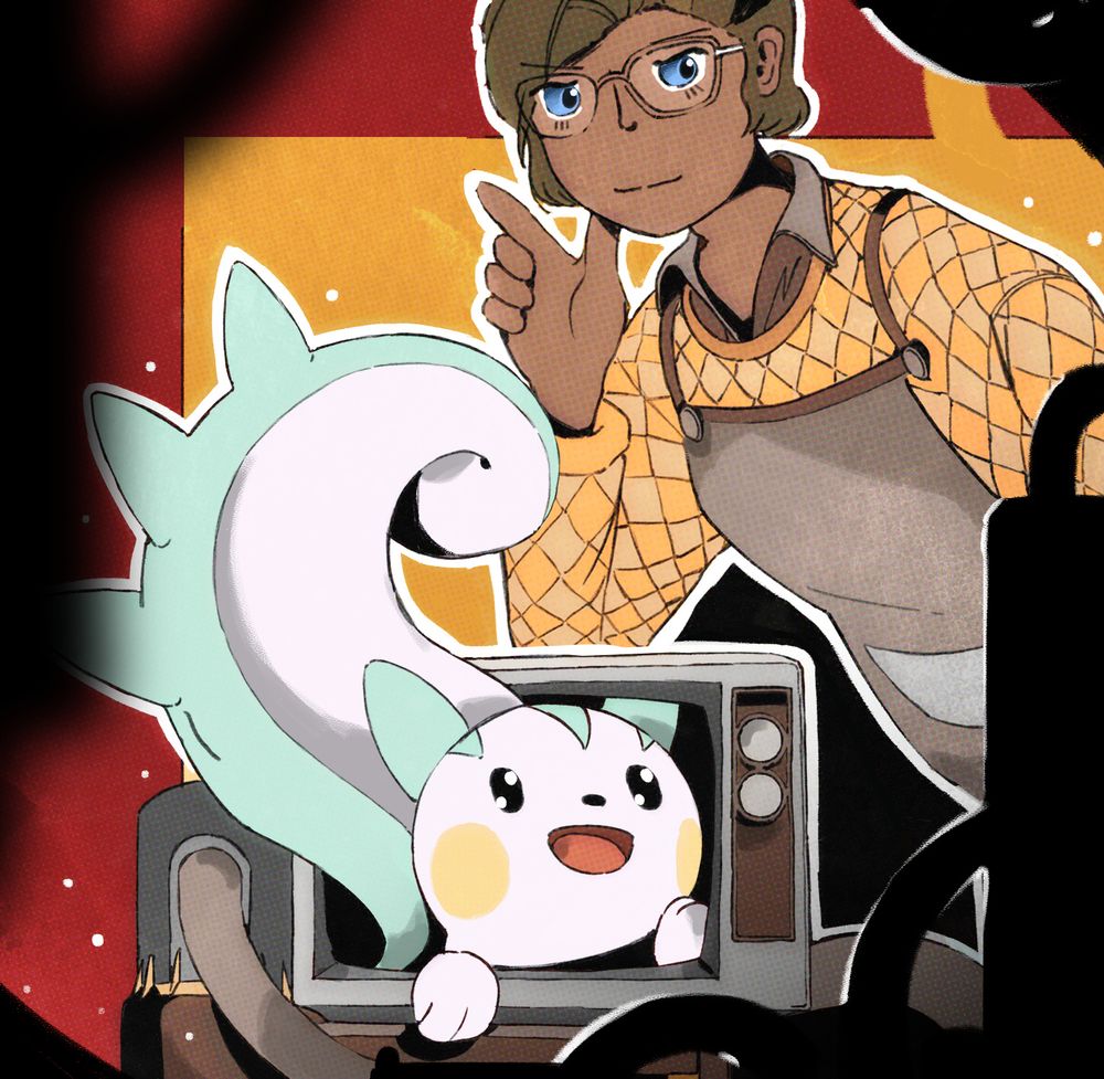 Painted art of my OC Rowen dressed in a comfortable cardigan and apron, with the Pokemon Pachirisu, coming out of a television.