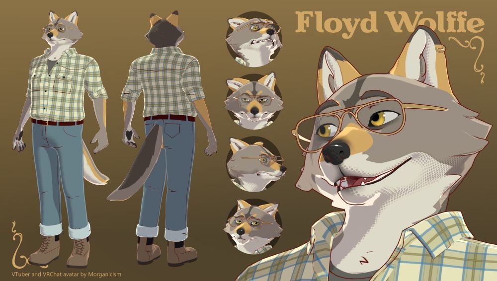 Front and back view of Floyd Wolffe's Vtuber/VRChat avatar. Facial expressions are shown, and one is a large portrait shot.