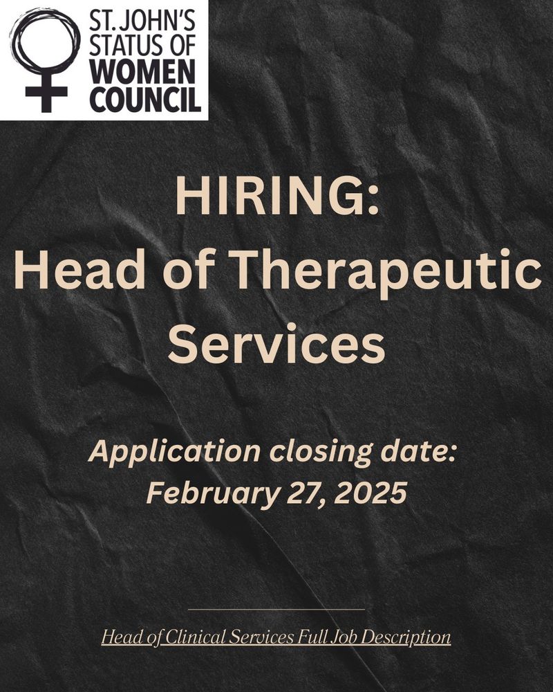Black background, with SJSWC logo in the top left corner. Text: "HIRING: Head of Therapeutic Services. Application closing date: February 27, 2025" There is a link to the job posting below that.