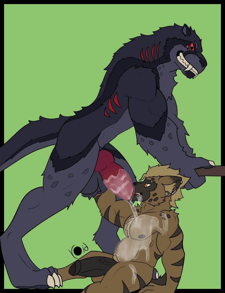 Large beast, Francois leaning over a table while Runil, a shortstack gnoll sits in the ground below. Large, messy cock still leaking a mess onto the lightly cum inflated gnoll.