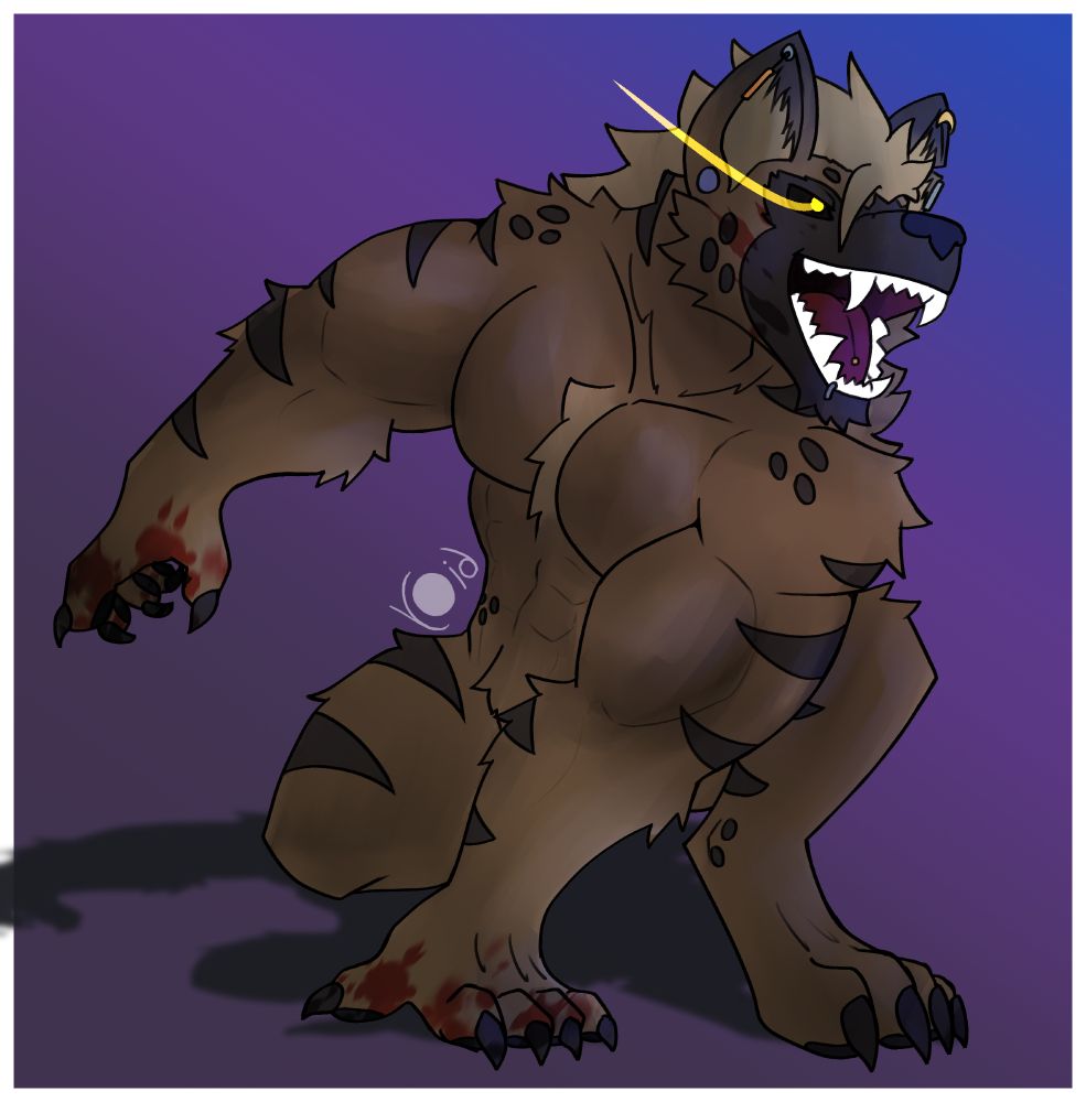 Short gnoll, Runil, but he is in a crouched pose looking a bit more beastly! Some blood is splashed on his hands and some on his cheek as well.