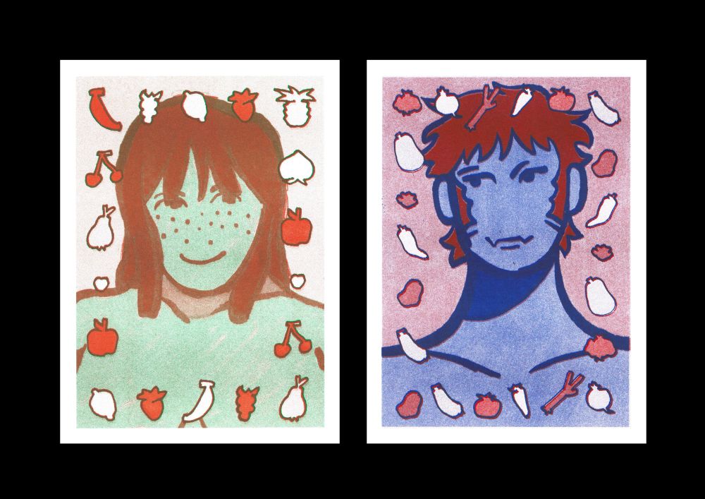 Riso prints of a orange and green fruit girl and a red and blue vegetables boy