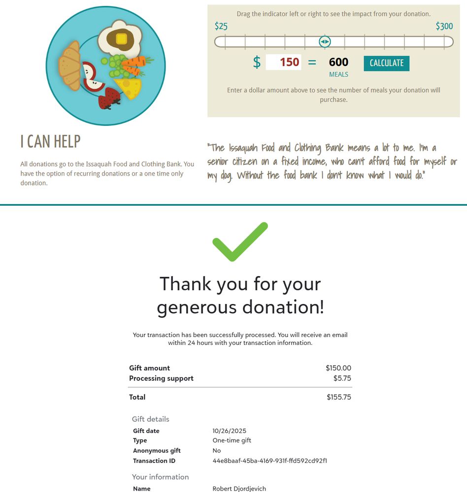 A receipt for a donation to the Issaquah food bank so Djordi can get KITTY pictures as well as help the local community.