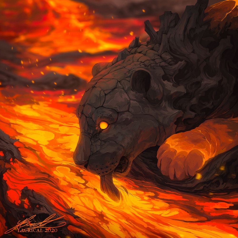 A big lava cat having a slurp of molten rock