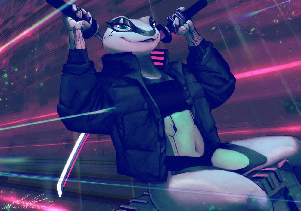 An anthropomorphic frog sitting on a futuristic crate looking at the viewer. The character is wearing an unzipped puffer jacket and holding two katanas. The background is colourful and glitchy, futuristic cyberspace -vibes