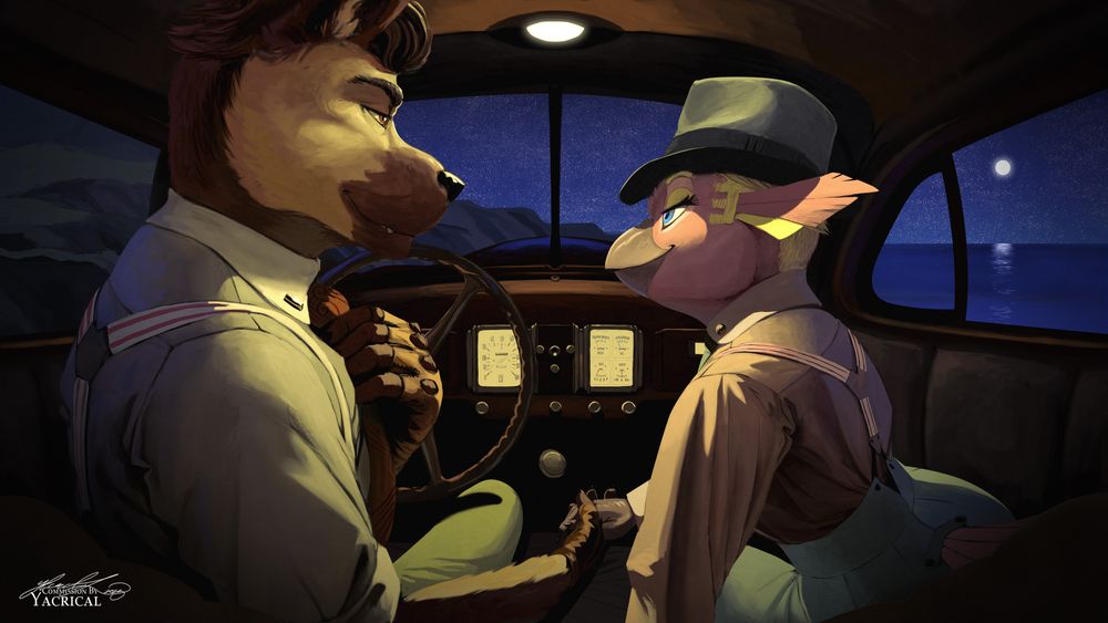 Two furry characters, left one being a German shepherd dog, the right one a bird, holding hands and looking at each other in a car. The setting is from the American 1920s, it is a moonlit night out and the mood is calm and loving.