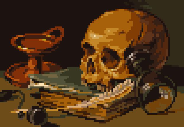 Pixel Art Study of "Still Life with a Skull and a Writing Quill" by Pieter Claesz