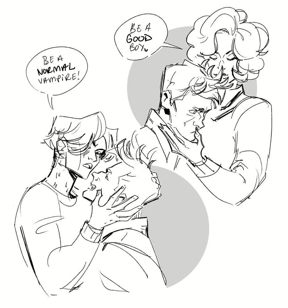 Two sketches. In one, Griffin's face is tilted up towards Nik, who holds his head as he looks down at him. In the other, Mari cups the bottom of Griffin's head as he looks more downturned. Nik tells him to be a normal vampire; Mari tells him to be a good boy.