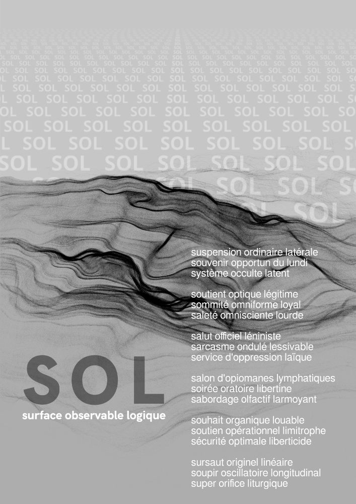 Two hand-made programs were used to create this picture, the first generating the landscape, the second the text above. The whole has been edited with the addition of possible definitions to the acronym SOL (ground in French)