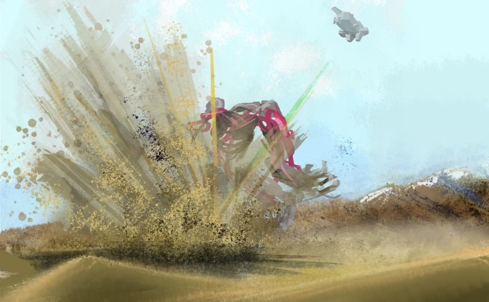 Spaceship firing on enemy mech/monster.