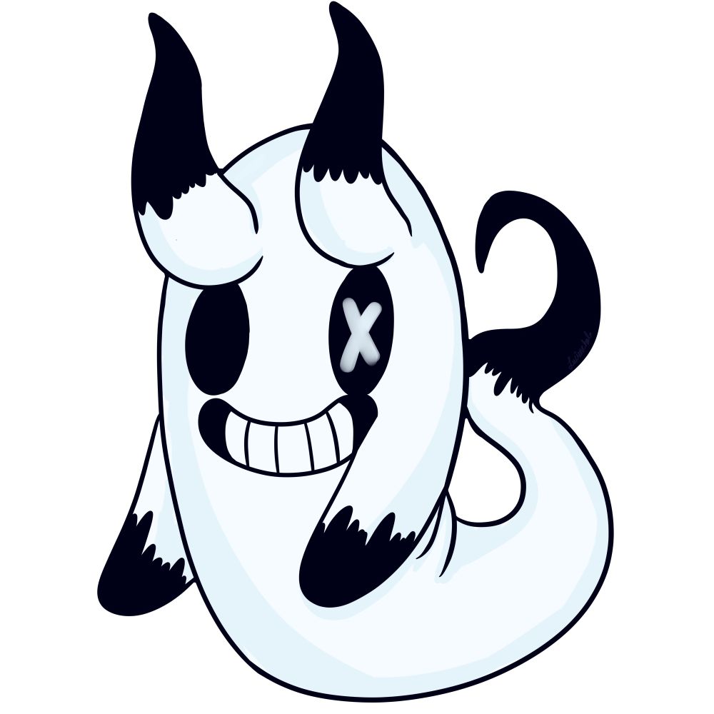 A little white ghost with horns. His horns and nub arms have blots of black along with his little ghost tail. He has two fully black eyes while the left one has a white X as a pupil. He has a wide cute smile.