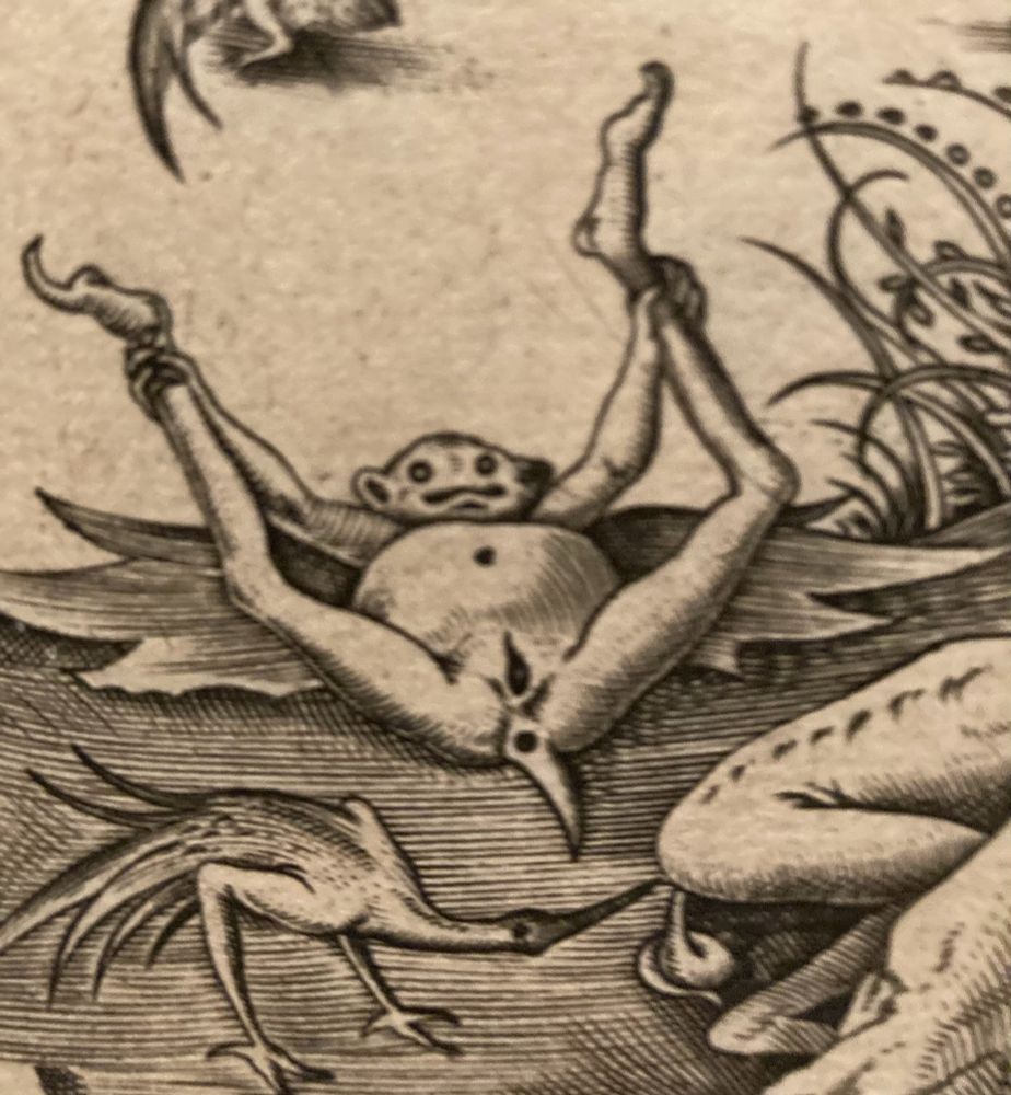 Pieter van der Heyden
after Pieter Bruegel the Elder
“Lust” (detail)
1558
What appears to be a winged monkey holds its ankles above its head.  Instead of a tail, a horn springs from between its legs.  In the lower part of the image, a wading bird sniffs another creature’s rear end.