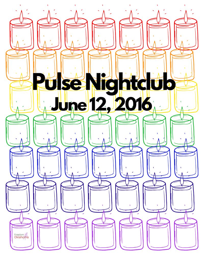 ID: white background with 7 rows of 7 candles, in each color that makes up a rainbow. Text "Pulse Nightclub June 12, 2016".