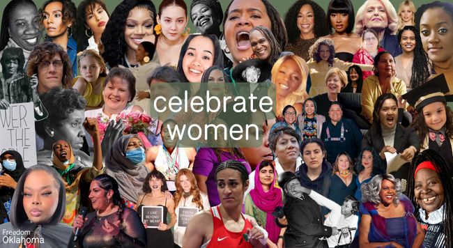 Image description: a collage of women from all walks of life. Electeds, Educators, Musicians, Organizers, Mothers, Martyrs, Athletes, Way Makers, Friends, Family, Lights. The text reads: "celebrate women."