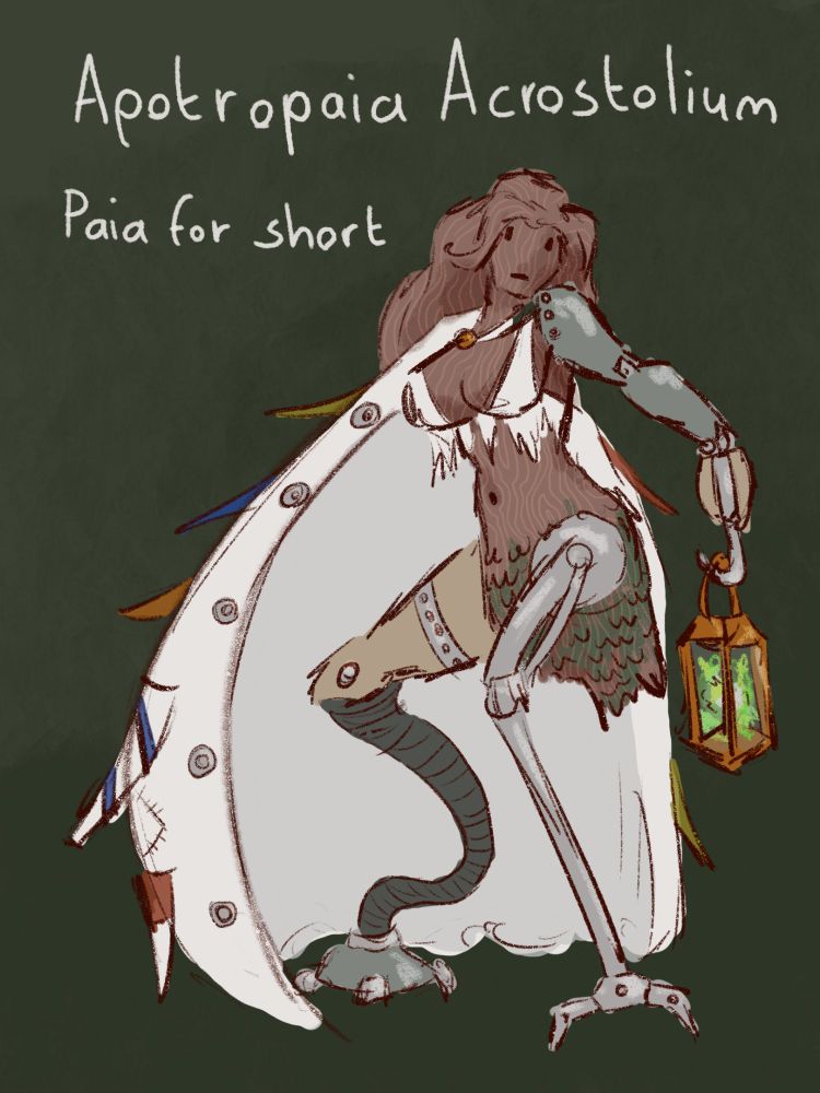 Art of a character whose body is the figurehead of a ship, and has two different robot legs. She holds a lantern in a pulley hand and has a billowing caps with maritime flags. The words say: Apotropaic Acrostolium, Paia for short 