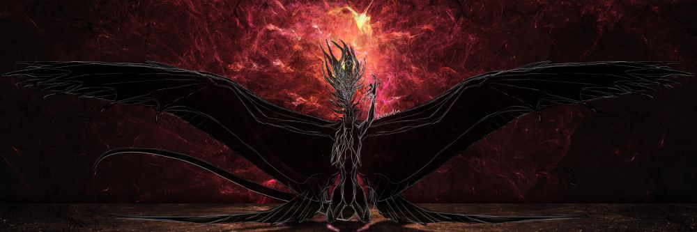 Work in progress digital painting of a dragon sitting in front of a pink-orange supernova.
