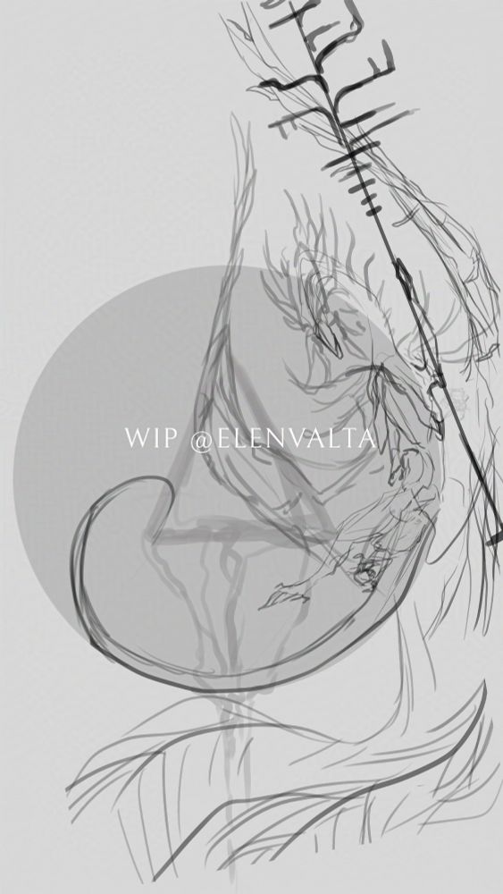 Work in progress sketch of a dragon in front of the bleeding Traveler from the video game Destiny 2.