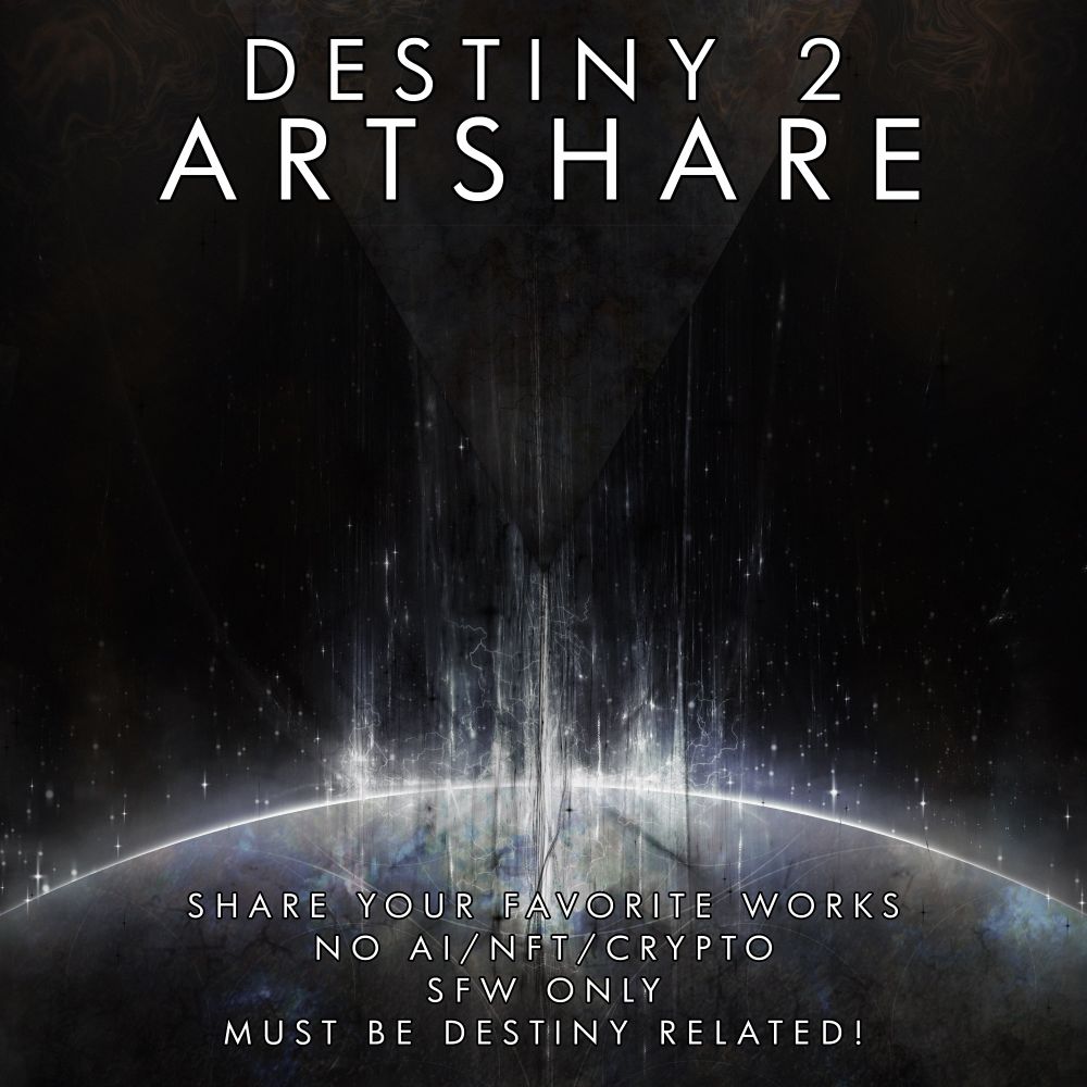 A picture of a white and blue sphere, The Traveler from the video game Destiny 2, opposing a dark grey and orange triangle, The Darkness. The words "Destiny 2 Artshare" are overlayed on top.