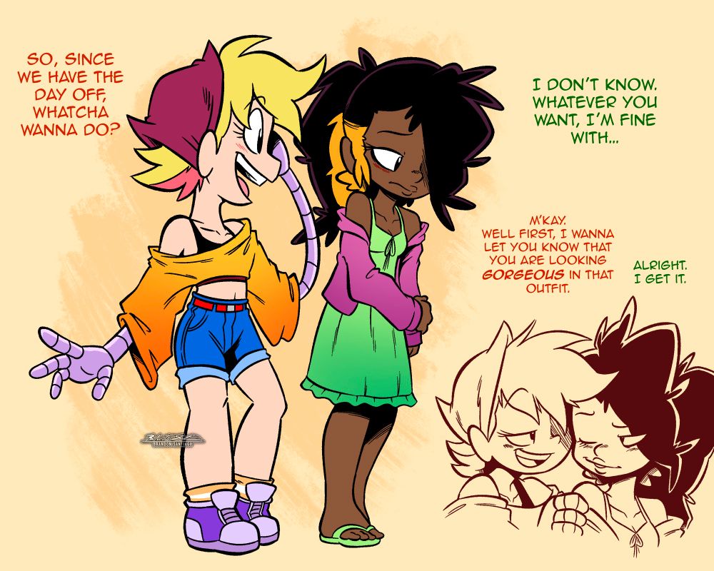 Chloe and Jada in more casual wear on their day off. Chloe happily asks Jada what she wants to do on their day off. Feeling a bit out of place, Jada says she’s fine with whatever her girlfriend wants. Chloe notices and flirtatiously says she first wants to let her know she looks gorgeous. Feeling a little more confident, Jada says she’s gets it. 