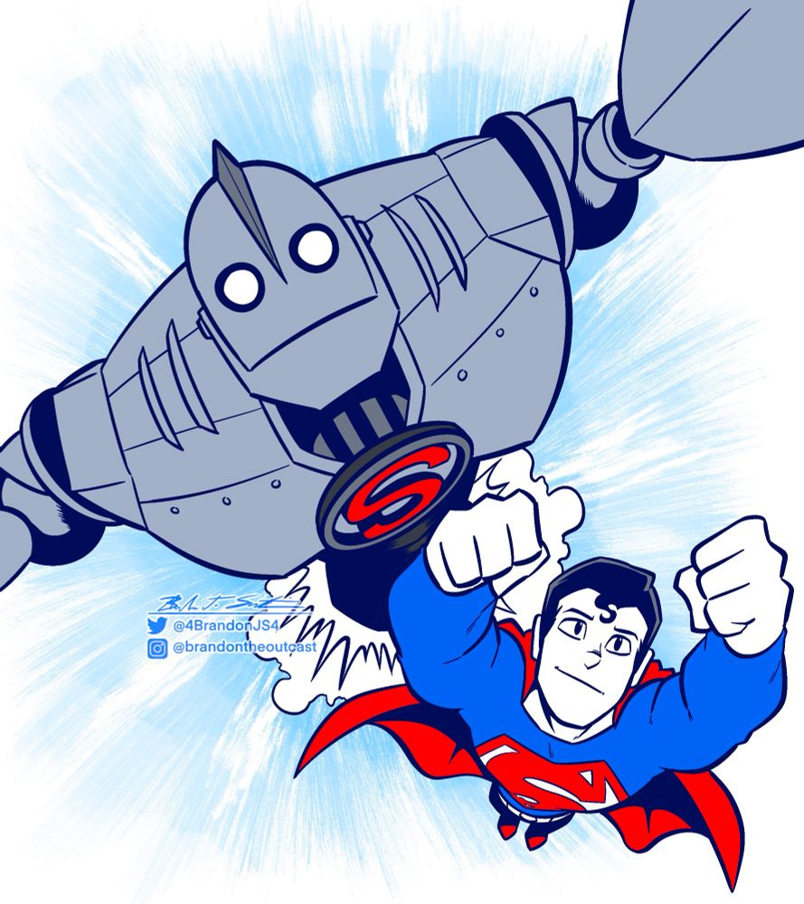 Superman flying with Iron Giant.