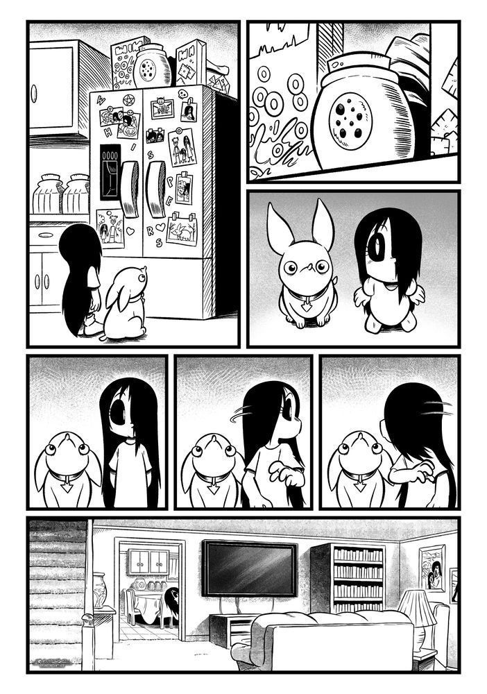 Erma and Siris stare at a cookie jar, which is on the top of the refrigerator. Erma looks around to make sure no one is around. She even checks the living room. No one.