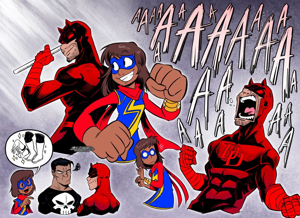 Doodles of Daredevil and Ms Marvel teaming up. One of them back to back fighting crime. Another of Daredevil screaming in rage while Kamala is startled and confused. Last one is Kamala talking to Punisher and Daredevil about Punisher’s old fashionable white gloves and go go boots. Frank is not amused.