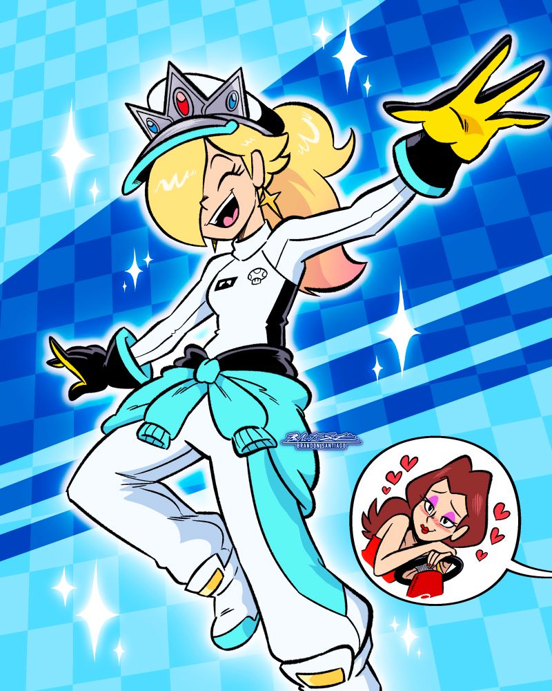 One of Rosalina’s new racing outfits in Mario Kart World. With Pauline admiring the new look.