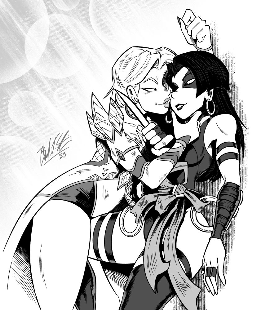 Emma Frost flirting with Psylocke, who’s holding a dagger to her throat.