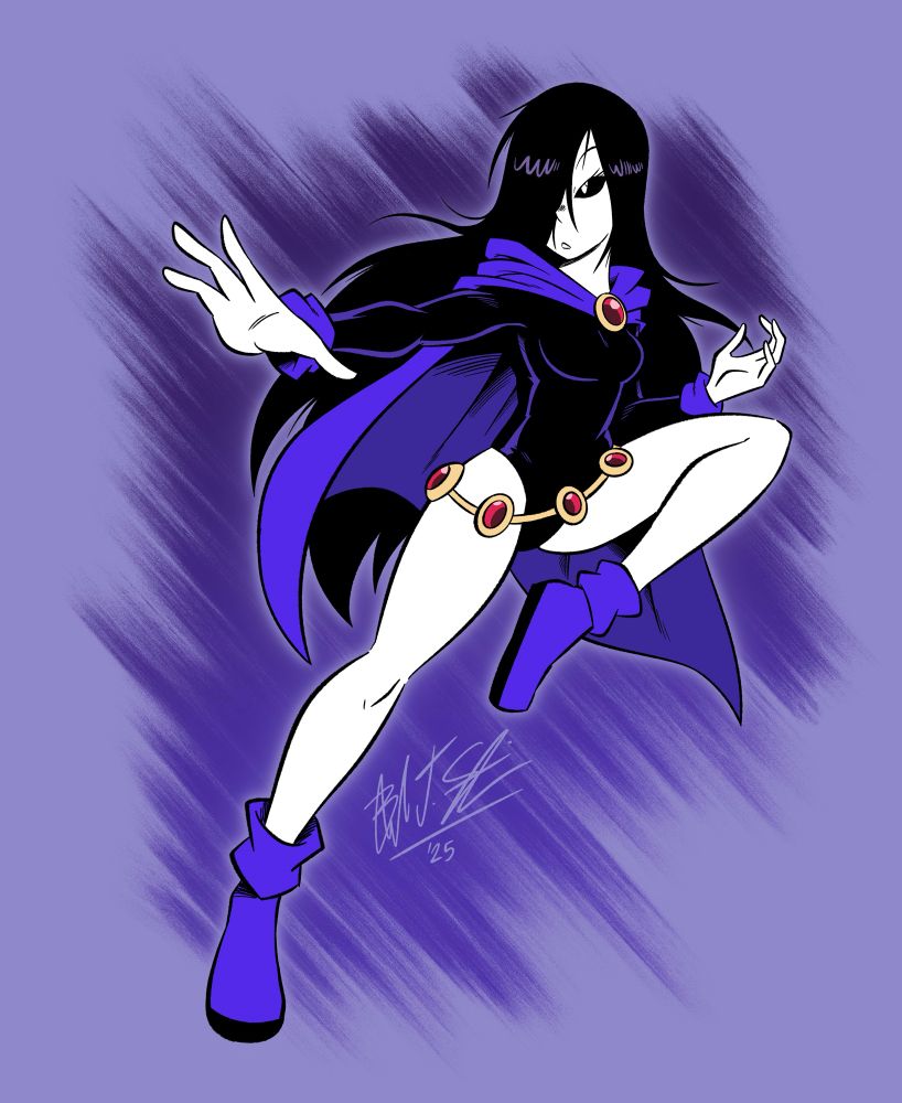 Emiko in an action pose dressed as Raven from Teen Titans.
