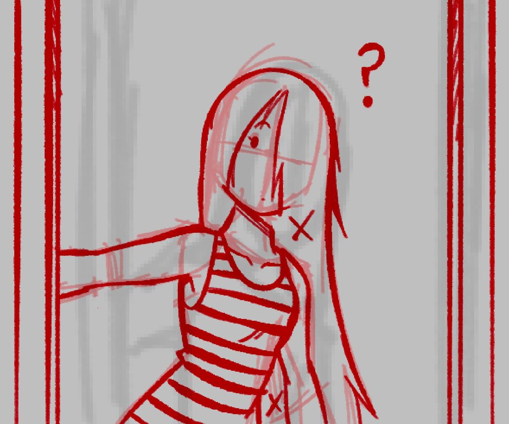 Emiko peaking around a door in a striped dress.
