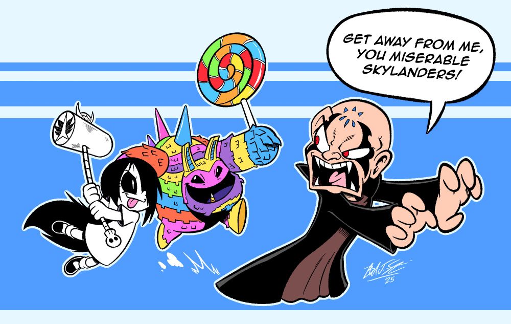 Erma and Pain-Yatta from Skylanders chasing down Kaos (also from Skylanders).