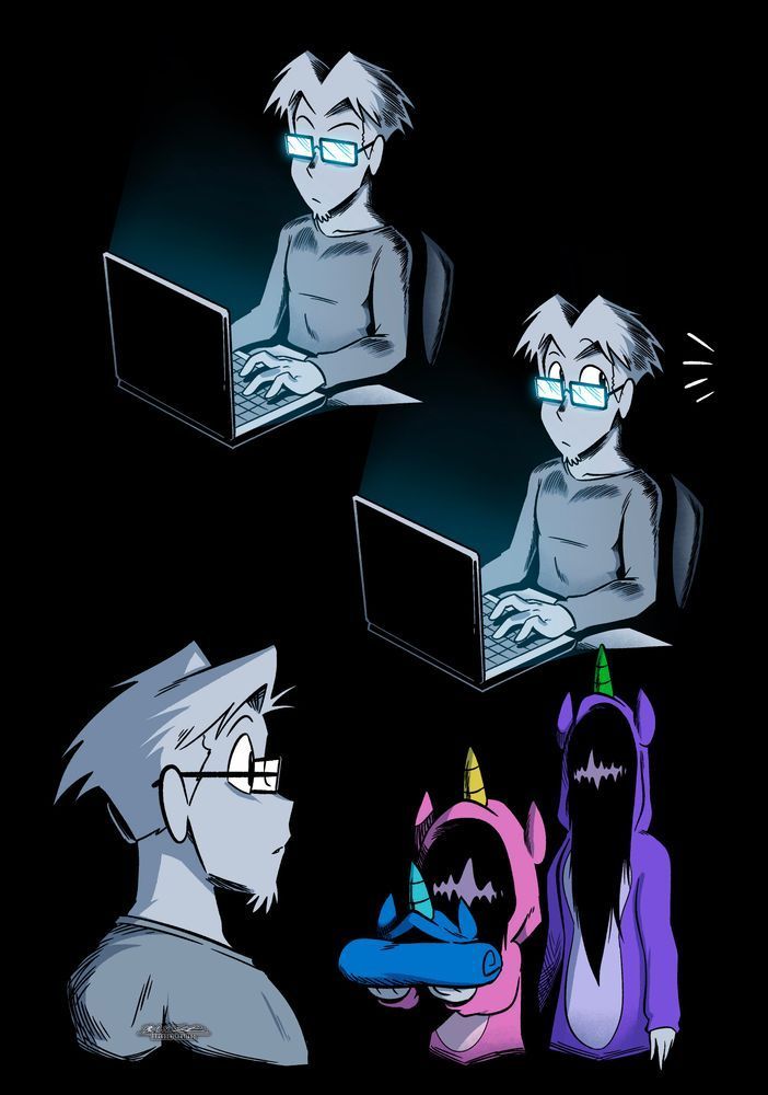 Sam is working on his computer in the dark when he notices Erma and Emiko creepily approach him in unicorn onesies. Erma hands over a onesie for him.