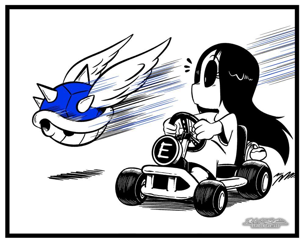 The Blue Shell suddenly flies past Erma and towards Terry.
