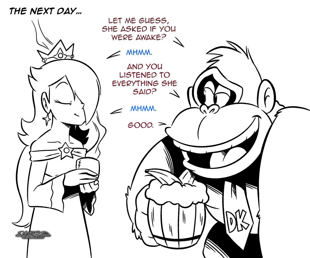 The next day, DK and Rosalina are hanging out. Rosa looks tired and has a cup of coffee in her hands. DK asks if Pauline asked if she was awake. Rosalina says “Mhmm”. DK then asks if she listened to everything Pauline said. Rosalina again says “Mhmm”. DK then approvingly says “Good”.