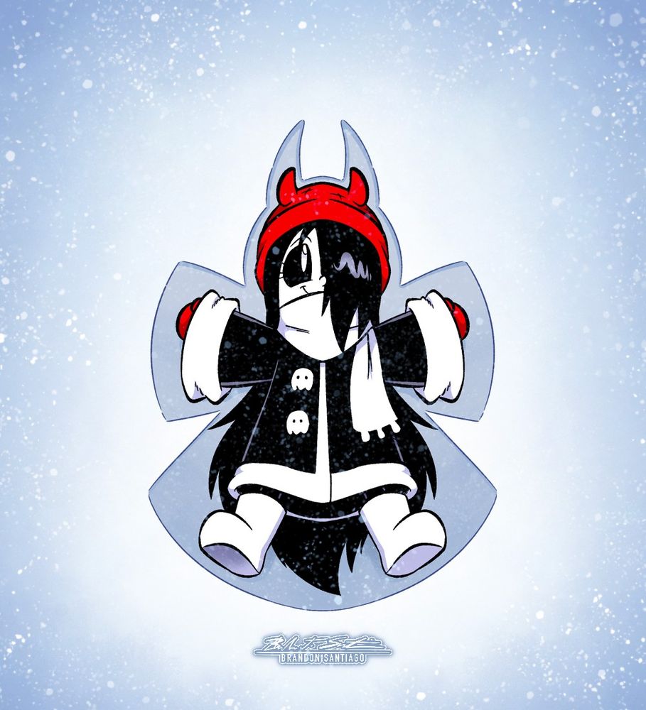 Erma laying in the snow making a Snow Demon.