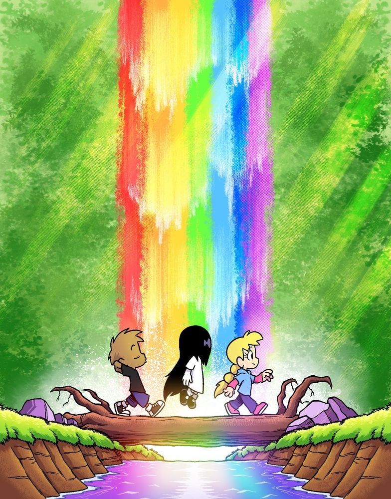 Erma and her friends walking over a log bridge with a rainbow waterfall and stream flowing beside them.